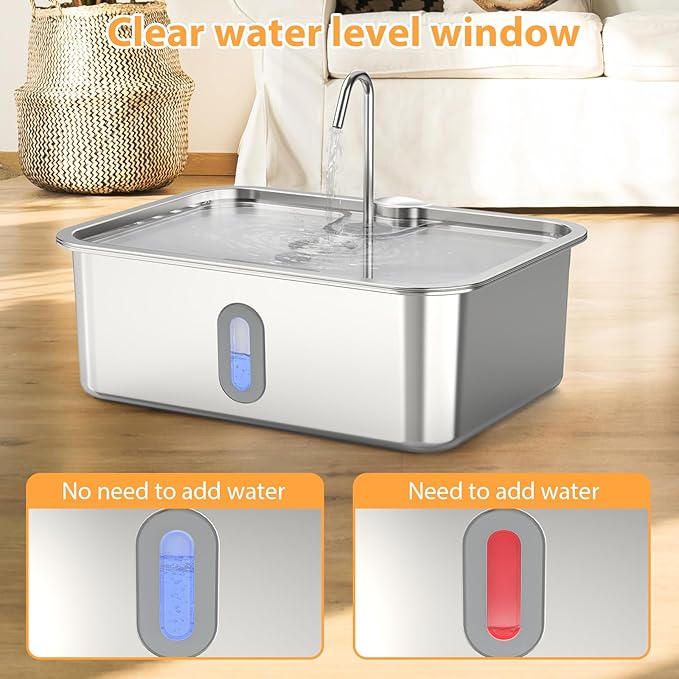 Dog Water Fountion for Large Dogs,15L/4 Gal Stainless Steel Automatic Pet Water Dispenser,Ultra Quiet Dog Fountain Water Bowl with Water Level Window & LED Light, Include 1Set Filter