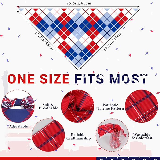Geyoga 60 Pcs 4th of July Patriotic Dog Bandanas Bulk Plaid Dog Bandanas Bulk Pet Grooming Supplies Patriotic Pet Triangle Scarf Bibs Adjustable Washable Kerchief for Dogs Cats Costume