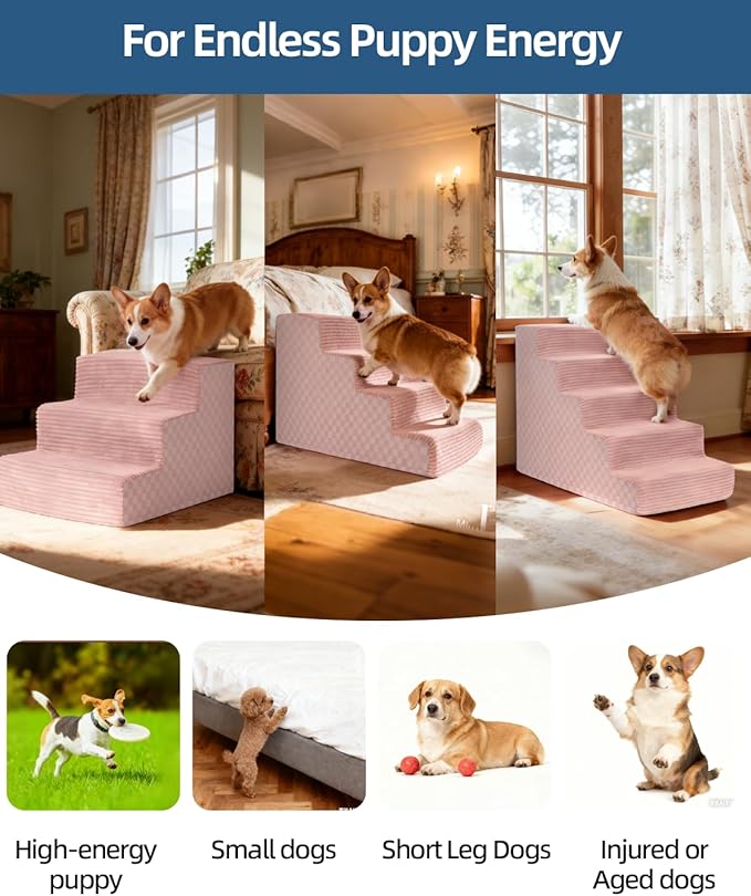 Vfrog Dog Stairs for Small Dogs,22" H,5-Step Dog Steps Ramp for Bed and Couch with High Density Foam,Non-Slip Pet Steps for Dogs and Cats,Pet Stairs with a Washable Cover,Pink
