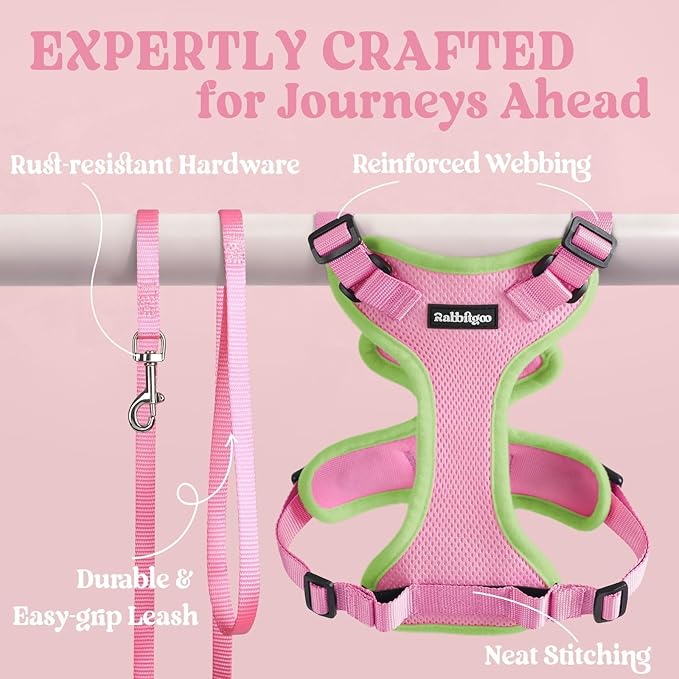 rabbitgoo Cat Harness and Leash Set, Escape Proof Kitten Harness for Safe Outdoor Walks, Soft Breathable Adjustable Vest with Reflective Strips for Kittens and Extra Small Cat, Pink & Light Green, XXS