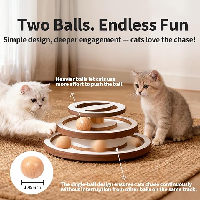 Lulu's world Cat Ball Track Toy,Natural Wooden Kitty Toys Roller,3-Level Tower with Puzzle Top,Fully Assembled Interactive Fun Toy for Kitten Mental Physical Exercise-11-Inch