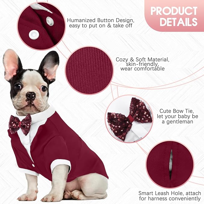 Kuoser Dog Tuxedo, Formal Dog Costume with Bow Tie Pet Wedding Suit Party Birthday Outfit, Dogs Tux Soft Shirt for Valentines Christmas Halloween Graduation Cosplay, Burgundy XL