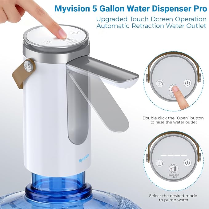 Myvision Water Dispenser for 5 Gallon Bottle, Portable USB Charging Electric Water Pump, Drinking Water Jug Pump for Home, Kitchen, Living Room, Office, Camping, Universal for 3-5 Gallon (Pro)