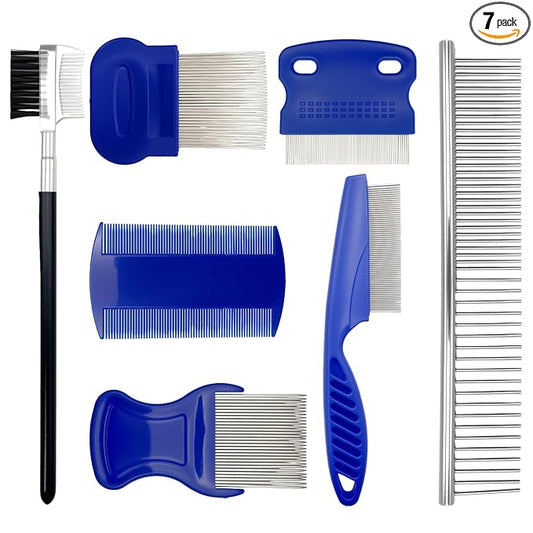 7 Pack Flea Comb Set for Cats and Dogs, Stainless Steel & Plastic Pet Grooming Combs with Dog Eye Comb & Tear Stain Comb, Flea Comb for Small Dogs, Puppy Comb, Tick Comb, Cat Flea Comb Grooming Kit