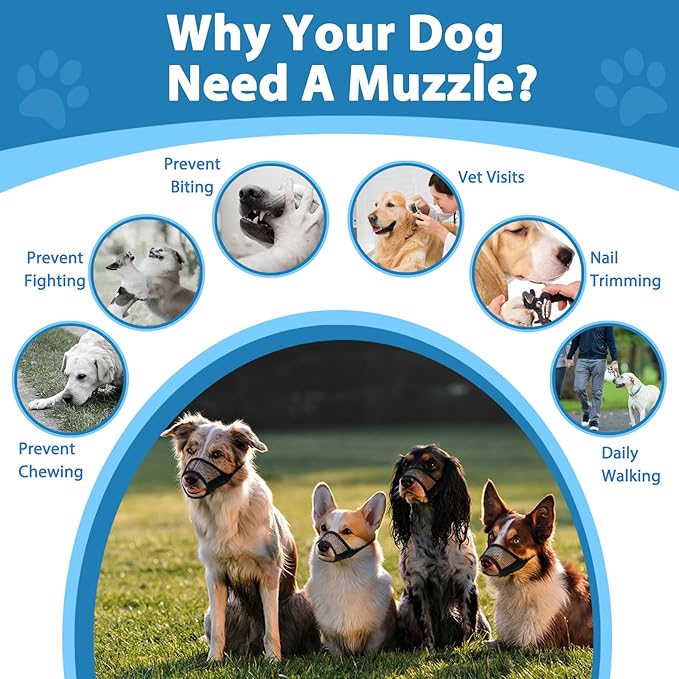 LUCKYPAW Dog Muzzle Suits for Small Medium Large Dogs, Mesh Muzzle Anti Biting Chewing, Breathable Mouth Cover Set with Adjustable Strap for Grooming Vet Visiting Training (Large 4 PCS(M-XXL), Black)