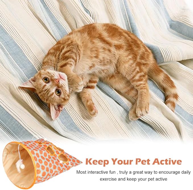 Cat Tunnel Bag for Indoor Cats, Crinkle Bag Toy Cat & Hamsters Play Tunnel Toy, Pet Collapsible Tunnels with 1 Little Mouse & Toy Ball Cats Drill Sleeping Bags (Orange)