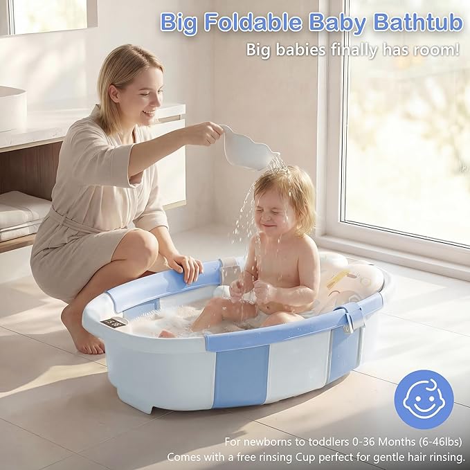 Collapsible Baby Bathtub - Large Baby Bath Tub with Thermometer | Bath Essential Bañera para Bebe Easy Fold Baby Tub | Travel Infant Newborn Toddler Bathtub for Baby Girl Boy 0 to 36 Months (Blue)