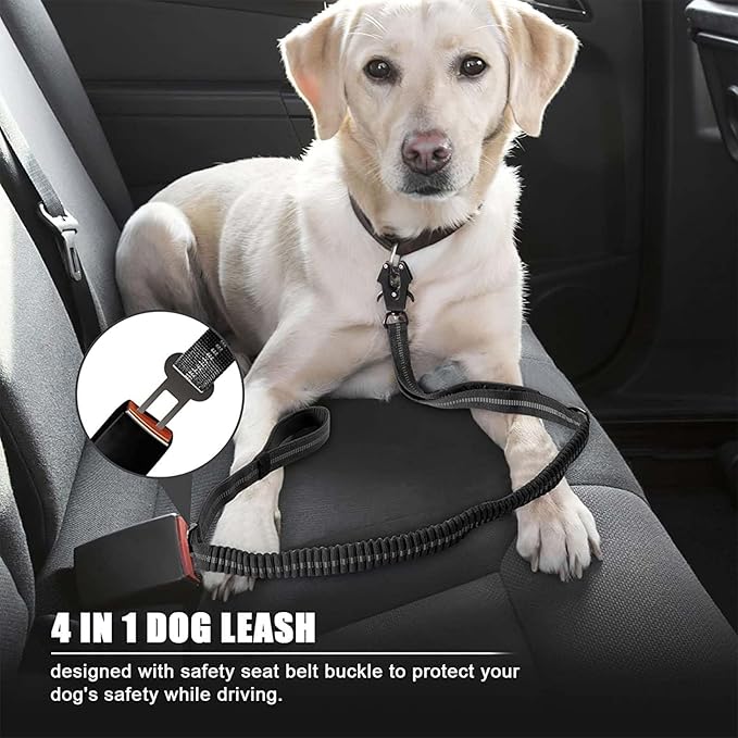 Heavy Duty Tactical Dog Leash, 4-6FT Shock Absorbing Bungee Lead with 2 Padded Handles, Metal Carabiner & Seatbelt Clip, Reflective No-Pull Leash for Medium/Large Dogs Black