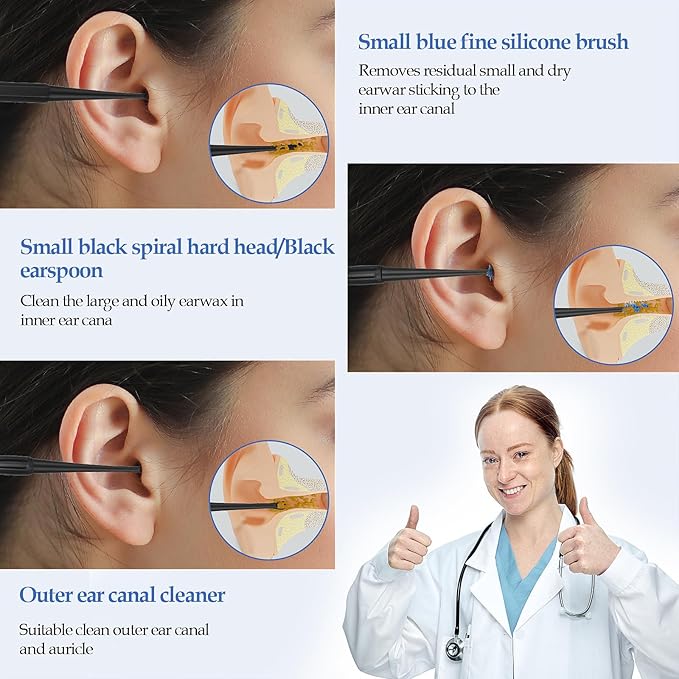 Gjinxi 12PCS Q-Grips Ear Wax Removal-Spiral Ear Wax Removal Tool, Reusable Earwax Removal Kit Safe Ear Cleaner, Soft Silicone Double Sided Head Ear Wax Removal Kits for Olders Adult Kids(Blue,Black)