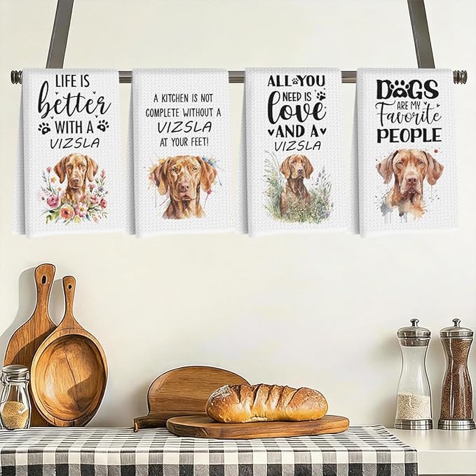 4Pcs Cute Vizsla Kitchen Towels 24x14 Inch, Vizsla Gifts for Woman Mom, Reusable Waffle Weave Microfiber Absorbent Hand Tea Dish Towels for Kitchen Bathroom Home Decor, Dog Lovers Gifts, Pet Owners