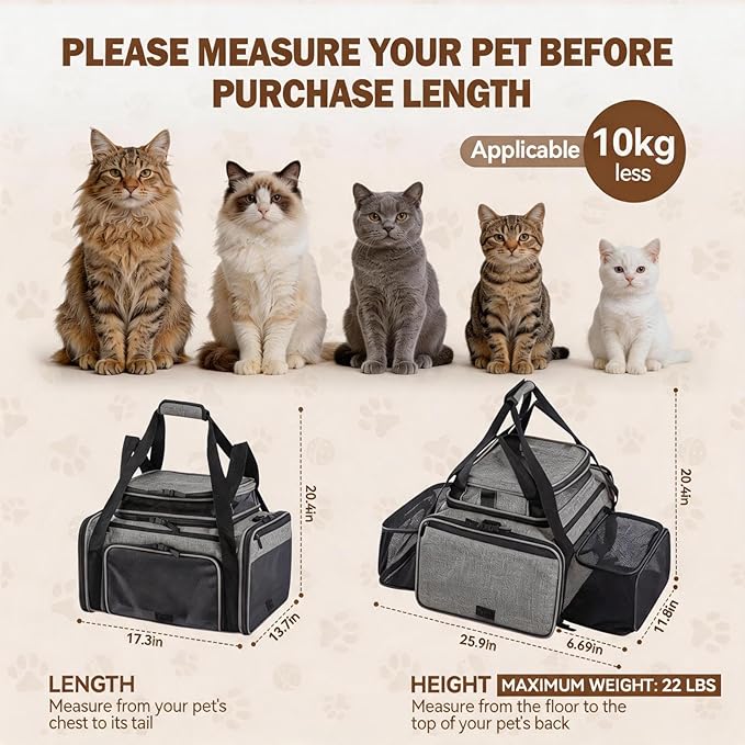 Cat Carrier Soft Sided, Expandable Pet Carrier for Medium Small Pets, Collapsible Travel Carrier with Hard Shell, 360° Panoramic Mesh, Washable Waterproof Pad | – 17.3×13.8×9.4 (Gray)