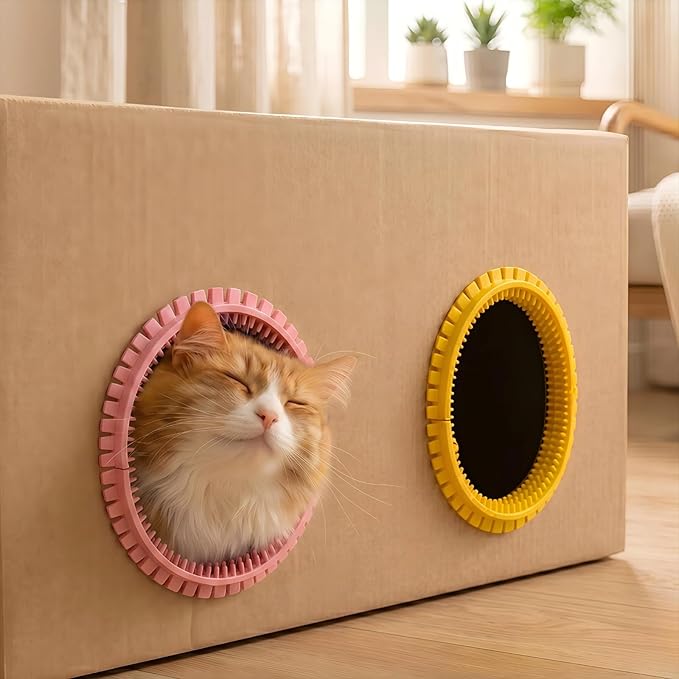 Cat Self Groomer Arch for Cardboard Boxes, DIY Cat Tunnel Brush & Massage Comb for Indoor Cats, Interactive Self Grooming Toy for Cat Cave, Hideouts & Enrichment Play 2 Pack (Pink+Yellow)
