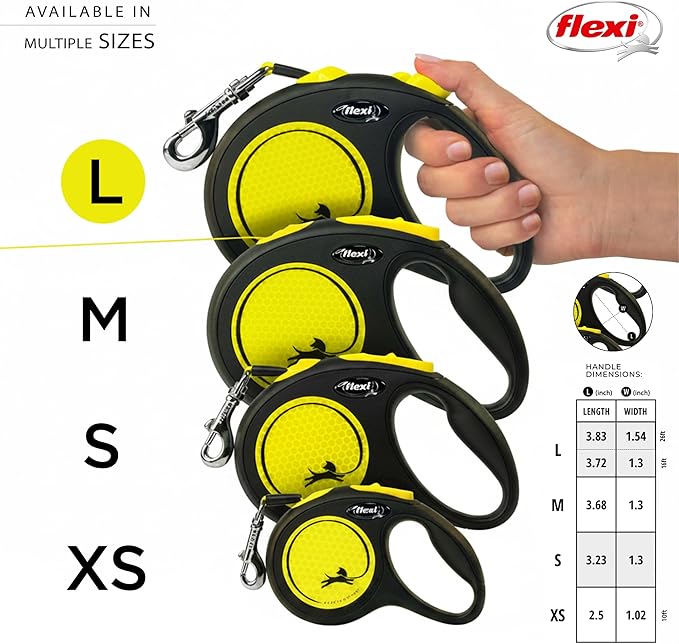 FLEXI New Neon Tape Retractable Dog Leashes for Large Dogs Upto 110 lbs. – 16 ft., Neon Yellow/Black | Tangle Free Pet Walking Leash with One-Handed Brake, Pause, Lock|German Quality Product