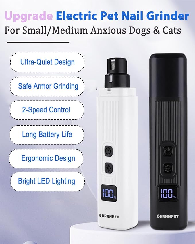 Dog Nail Grinder - 2 Speed Super Quiet and Low Vibration Electric Pet Nail Grinder - Rechargeable Dog Nail Trimmers for Small Dogs- Cat Nail Claw Clippers with 2 LED Lights（Black）