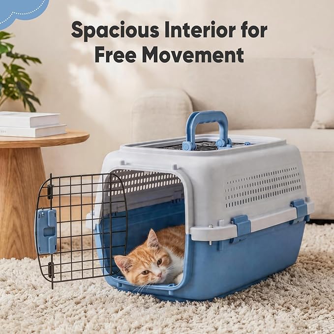 DUMOS 23" Hard-Sided Pet Carrier for Small Dogs & Cats, Airline Approved Travel Crate with Enhanced Security Latches, Front & Top Load Wire Door, Food Bowl for Traveling, Hiking, Camping, Blue