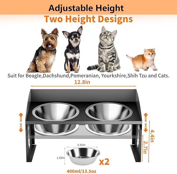Elevated Cat Bowls with Splash Proof, 12°Tilted No Spill Raised Cat Food Water Bowls Set, Stainless Steel Pets Dishes with Adjustable Cute Metal Stand for Indoor Kitten Puppy, Anti-Vomiting