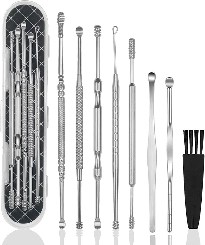 Hion 8 Pcs Ear Wax Removal Kit,Professional Double-Headed Ear Pick Earwax Removal Tools,316L Stainless Steel Ear Cleaner Curette with Cleaning Brush and Storage Box,Suit for Kid Adult(Silver)