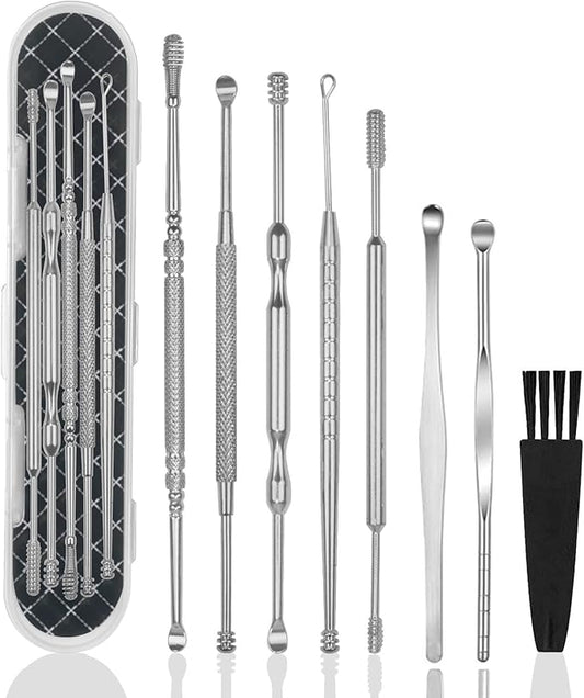 Hion 8 Pcs Ear Wax Removal Kit,Professional Double-Headed Ear Pick Earwax Removal Tools,316L Stainless Steel Ear Cleaner Curette with Cleaning Brush and Storage Box,Suit for Kid Adult(Silver)