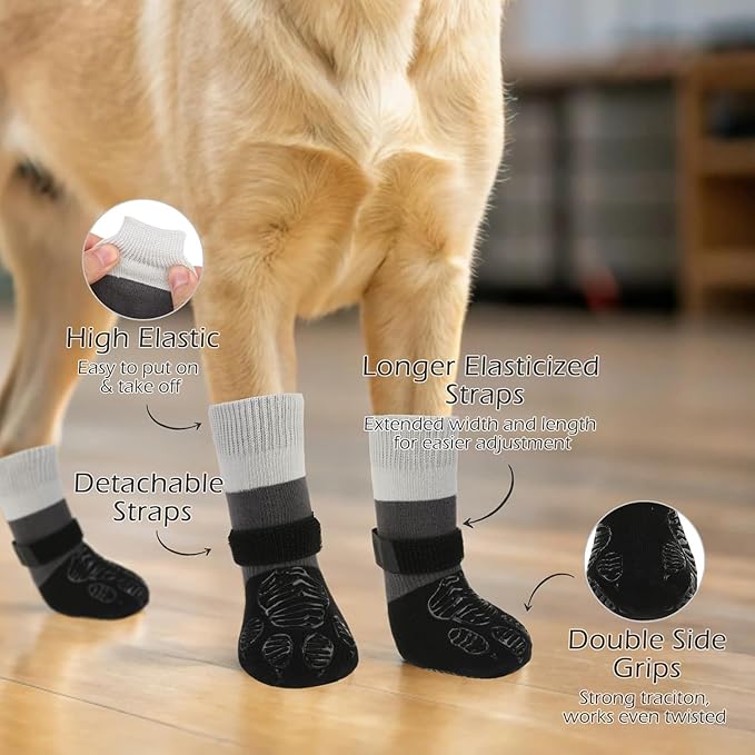 EXPAWLORER Anti Slip Dog Socks to Prevent Licking Paws,Dog Shoes for Cold Winter, Dog Booties for Hardwood Floors, Dog Boots & Paw Protectors with Grippers for Small Medium Large Senior Dogs Black XXL