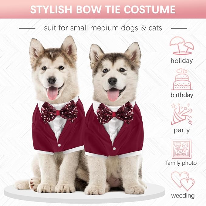 Kuoser Dog Tuxedo, Formal Dog Costume with Bow Tie Pet Wedding Suit Party Birthday Outfit, Dogs Tux Soft Shirt for Valentines Christmas Halloween Graduation Cosplay, Burgundy 3XL