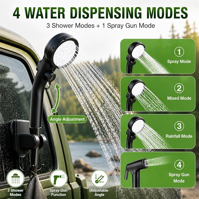 Portable Shower for Camping, 6000mAh Rechargeable Camping Shower with Intelligent LED Display, Foldable Bucket, 4 Spray Modes, IPX7 Waterproof Outdoor Camp Pump for Hiking, Travel, Car, Pet