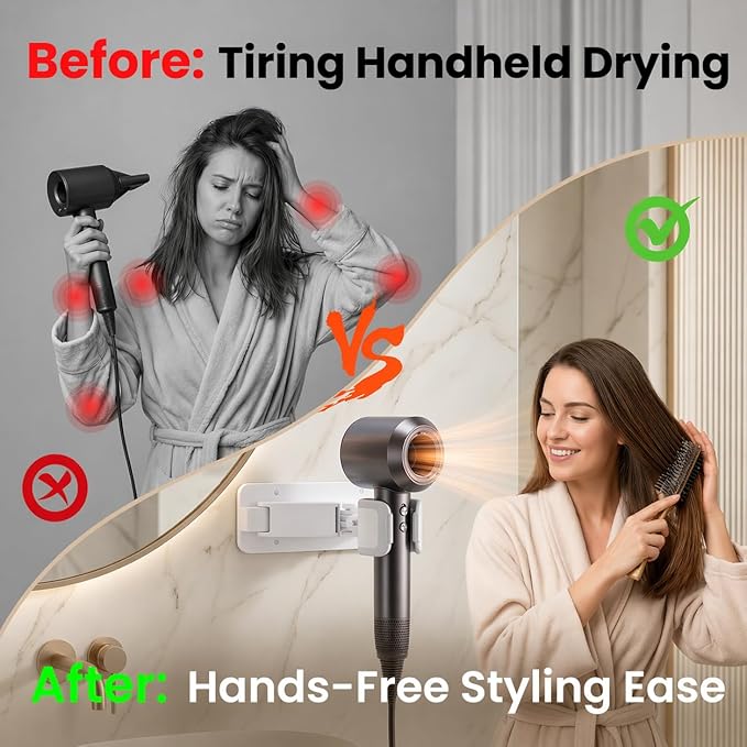 Wall Mount Hair Dryer Holder, Hands Free Hair Dryer Stand with Retractable Fold-Flat Arm, 360° Adjustable Head, Cord Organizer, Fits Most Hair Dryers for Bathroom, Vanity, Pet Grooming