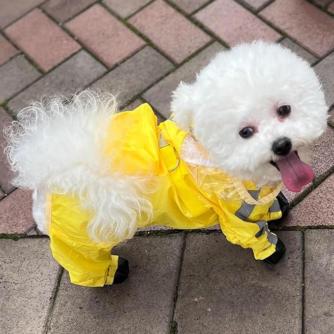 Waterproof Dog Raincoat,Full Coverage 4 Legs Dog Rain Jacket for Small Dogs,Pet Rain Coat with Hood,Reflective Strips&Leash Hole Outdoor Raincoat (Large（for Weight 8.8-11 lb）, Yellow)