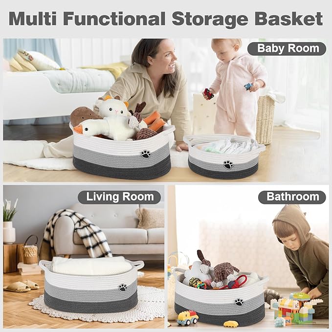 Optish Dog Toy Basket, Toy Storage Box and Bin with Handles, 19.7" X 11" X 7.9" (30L) Large Woven Rope Basket for Blankets, Living Room, Bedroom, White & Grey