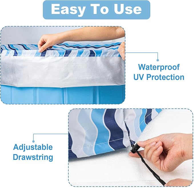 Foldable Dog Pool Cover – Waterproof Round Pet Dog Kiddie Bath Tub Lid Cover, Fit for 32/48/63 Inch Pools, Outdoor Portable Puppy Pool Accessories with Drawstring