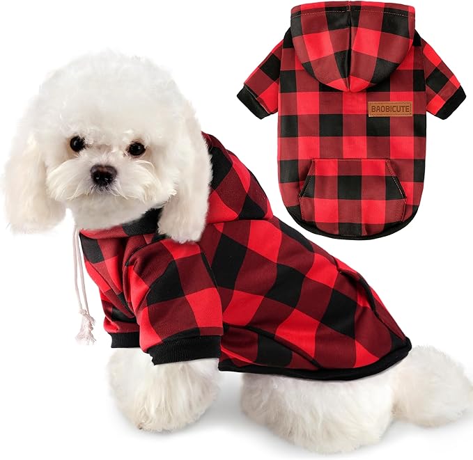 Dog Basic Hoodie Soft Dog Clothes Cold Weather Sweaters for Medium Large Dogs Cozy Fabric Warm Sweatshirt with Leash Hole for Boys (Red Plaid, Small (5-10 lbs))