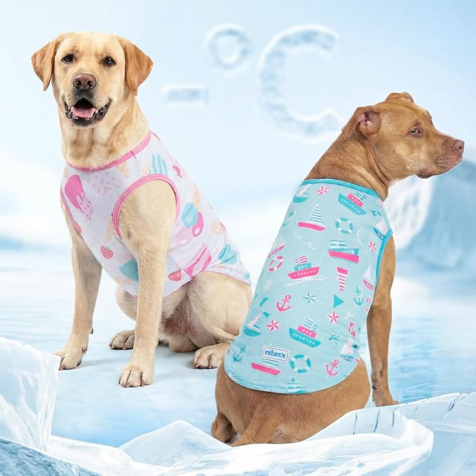 KYEESE 2Pack Dog Cooling Shirt, Breathable Dog Shirt for Medium Large Dogs, Sun Protection Dogs Cooling Vest Tank Top, Lightweight Soft Sleeveless Summer Pet Clothes, Boat+Ice Cream, 2XL
