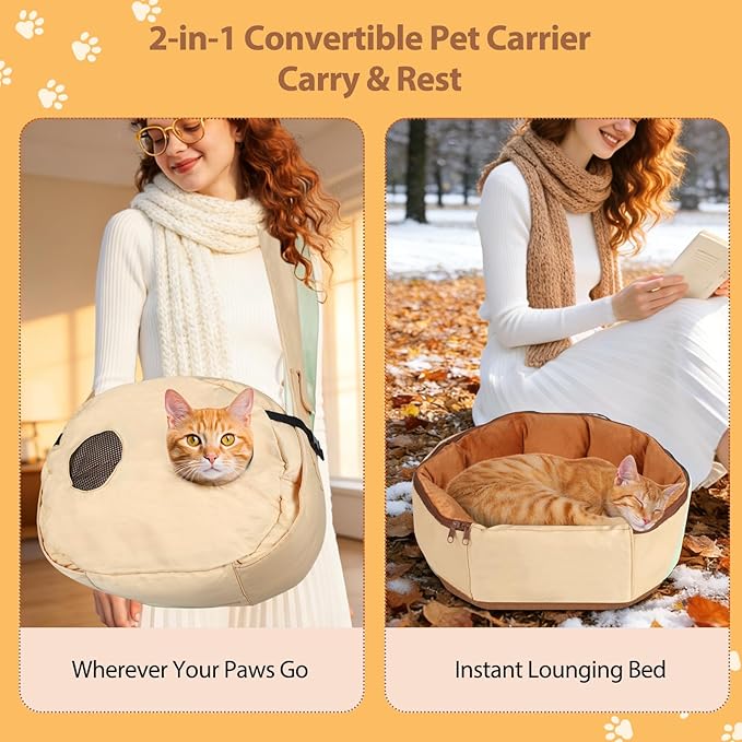 2-in-1 Convertible Pet Sling Carrier & Bed - with Breathable Mesh, Adjustable Strap & Pocket，for Travel, Vet Visit & Home Use, Up to 22lbs (KAKI)