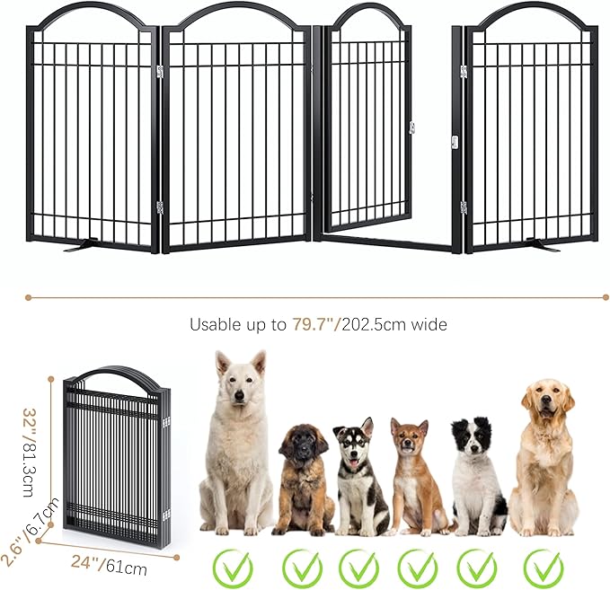 BHG Metal No-Assembly Freestanding Dog Gate with Door Walk Through, Extra Wide 96", Extra Tall 32" Pet Gate, Accordion Puppy Folding Playpen Dog Fence, with 2PCS Support (Black, 4 Panels)