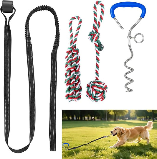 HOPET Bungee Tether Tug Outdoor Dog Toy with Stake,Tug of War Dog Toy for Aggressive Chewers to Keep Them Busy,Outdoor Interactive Dog Rope Toy for Medium/Small Dogs,Can Used On Lawns,Trees and Doors