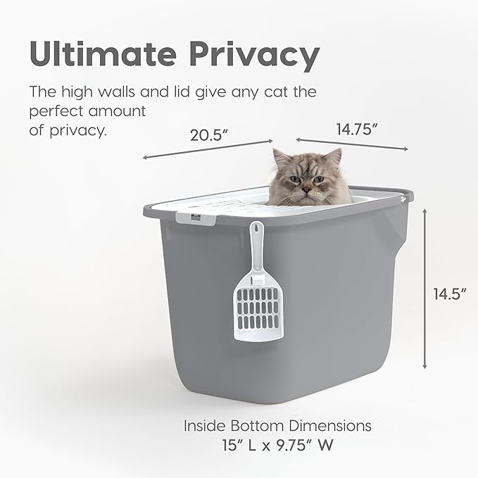 IRIS USA Cat Litter Box Large Top Entry with Lid, Enclosed Litter Box with Litter Catching Lid & Scoop, Covered Cat Litter Box Enclosure for Privacy, High Sided, Gray/White