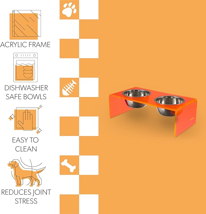 THE LICKER Store DBL2000E Keaton 5" Small/Medium Modern Acrylic Rectangular Elevated Pet Feeder with 20oz 2-Stainless Steel Bowls, Pink/Chrome