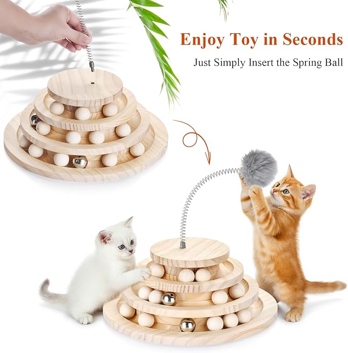 Large 2-in-1 Wooden cat Toy Tower with Spring cat Toy Stick, Indoor Interactive Track Ball and Bell Toy for Kittens - Puzzle Solving, Exercise and Play