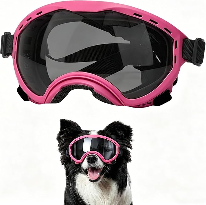 Dog Goggles for Medium to Large Breeds, UV Protection Dog Sunglasses with PC Lens, Soft TPU Frame and Adjustable Straps, Windproof Dustproof Anti-Fog Pet Eyewear for Outdoor Activities (Pink Frame)