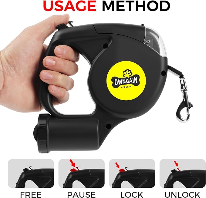 Retractable Dog Leash with Flashlight for Night Walks - 16FT Retractable Leash with Comfort Grip and Integrated Waste Bag Dispenser for Cats,Medium,Large,Small Dogs(Black-Large)