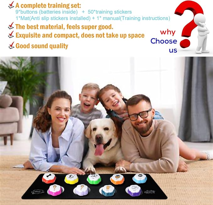 Dog Buttons for Communication, 9pcs Recordable Talking Buttons Set with Mat & Stickers, Pet Training Buttons for Dogs & Cats, Speaking Buttons