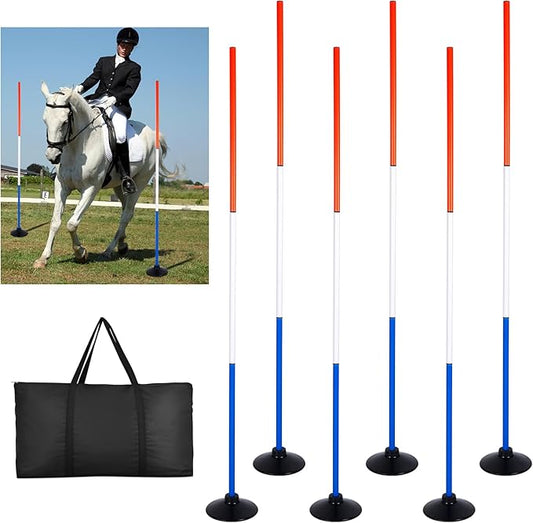 6 Pcs 6FT Pole Bending Poles for Horses,3-Section Adjustable Training Equipment 3 Color High Visibility Agility Poles with Rubber Bases & Carry Bag for Horse Football Dog Pet Training