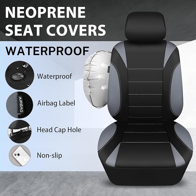CAR PASS Waterproof Car Seat Covers Full Sets, Universal Fit Seat Covers for Cars, EVA Neoprene Seat Cover Set Full Sets, Interior Covers for Auto SUV,Vans,sedans, Trucks,(Black and Gray)