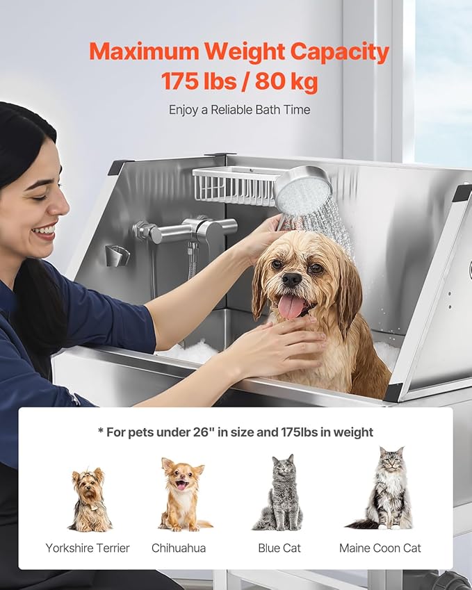 VEVOR Professional Dog Washing Station, 34 Inch Stainless Steel Pet Grooming Tub with Hot & Cold Faucet, Showerhead, Storage Rack, No-Bend All-in-One Bathtub, Home Wash Sink, Fits Small Cats and Dogs