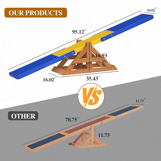 SuniBoxi 95" Wooden Dog Seesaw, Dogs Agility Course Backyard Set for Training and Exercise - Outdoor Big Dog Agility Equipment Practice See Saw