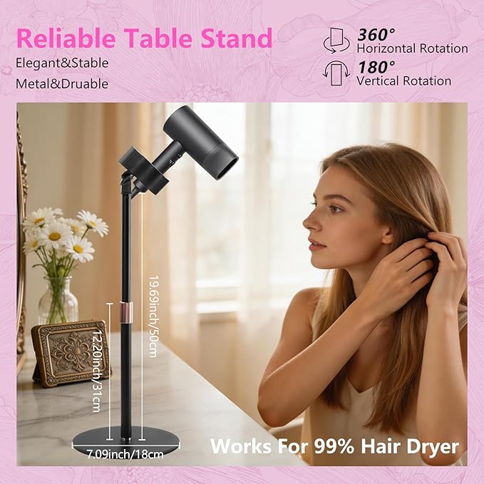 BILIONE Hair Dryer Stand Holder, Height Adjustable Countertop Blow Dryer Holder, 360° Rotating, Heavy Duty Non-Slip Base＆Universal Clip, Compatible with 99% of Hair Dryers