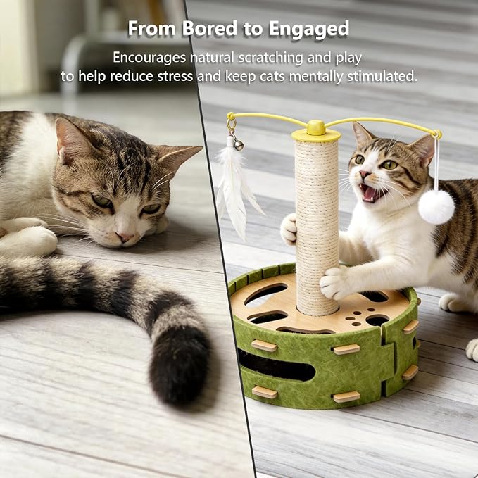 Cat Nail File Scratcher, Cat Claw Saver Box with Scratching Post, Interactive Cat Scratch Puzzle Box with Rotating Teaser & Replace Sandpaper for Indoor Cats (3 Bell Ball)