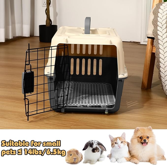 2 Set Hard Plastic Pet Carrier Breathable Dog Cat Kennel with Metal Door Bowl Grille Mat Pet up to 14 Lbs Carrier for Walking Camping Vet Visits Travel, 17.3"L x 11.8"W x 10.6"H(Gray White)