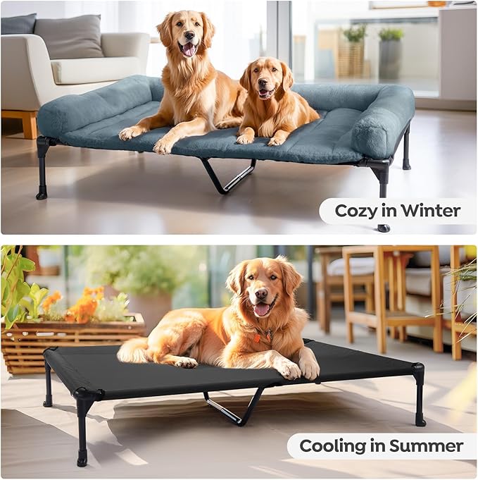 Veehoo Orthopedic Elevated Dog Bed with Fluffy Plush Bolster Cushion, Indoor Raised Dog Beds for Large Dogs, Soft Pet Sofa Cot with Removable Washable Mat, No-Slip Feet, 59 x 37 inches, Haze Blue