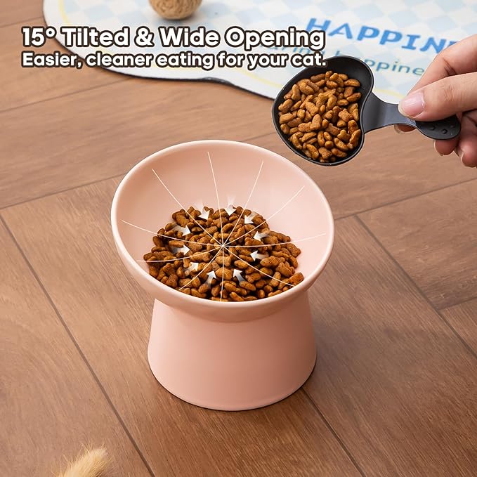 Ceramic Raised Cat Bowls - Elevated Tilted Cat Food and Water Bowls Set, Anti Vomiting and Protect Pets' Spines Pet Feeding Dish for Cats, Dishwasher Microwave Safe (2 x Bowl - Pink)