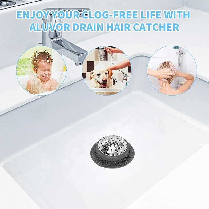 Aluvor Bathtub Drain Hair Catcher Shower Drain Cover Sink Drain Protector for Pop-Up & Regular Drains, Dark Gray